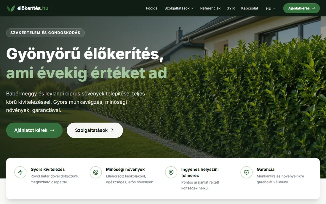 Élőkerítés.hu – Élőkerítés-telepítés és sövénygondozás — bemutatkozó weboldal ajánlatkérő űrlappal